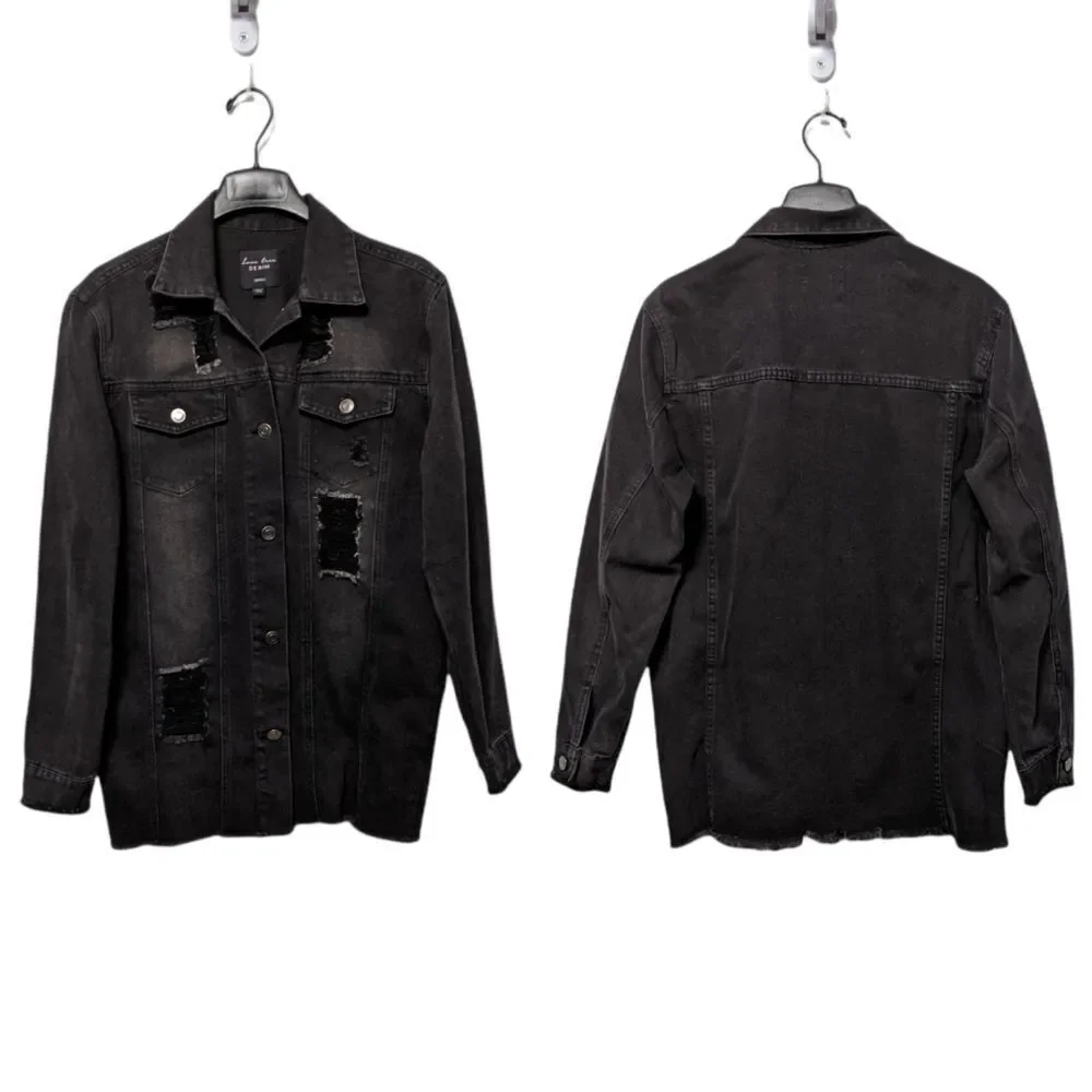 LOVE TREE Distressed Denim Black Long Jacket S